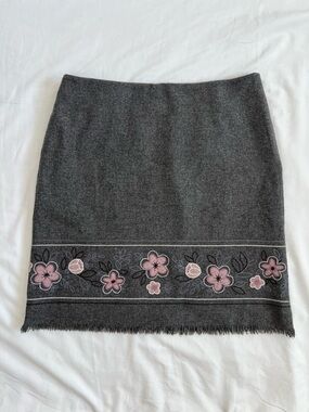 LOFT Gray Mini Skirt with Pink Floral Embroidery
